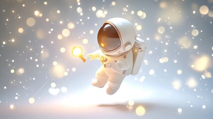 Naklejka premium A whimsical astronaut floats in space, holding a glowing object amidst a backdrop of soft, sparkling lights.