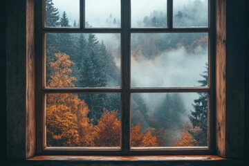 Autumn forest and fog in the window of a wooden house.