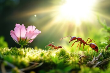 Ant and flower under radiant sunlight's embrace