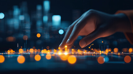 hand interacting with digital interface, surrounded by glowing data points and city lights, symbolizes innovation and technology