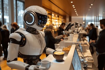 Robot barista serves coffee and pastries in a modern cafe during busy afternoon hours