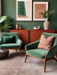 Fototapeta premium Interior design of Earthy Browns living room interior, Kelly Green sideboard, stylish armchair