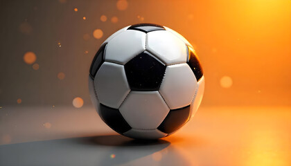 Fototapeta premium Close-up of a soccer ball against a warm, golden background. A high-quality close-up image of a classic black and white soccer ball set against a softly-lit, warm orange and brown background