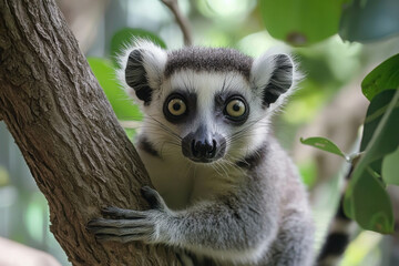 Obraz premium Curious Lemur Climbing a Tree in Natural Habitat Captured in High Quality Style