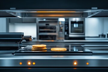 Pancakes cooking on a griddle in a modern kitchen with sleek appliances during breakfast preparation