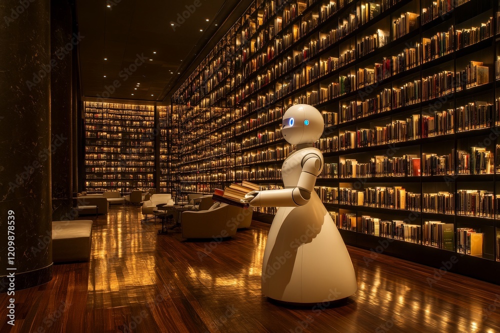 Poster robotic guide presents books in a modern library filled with shelves of literature during evening ho