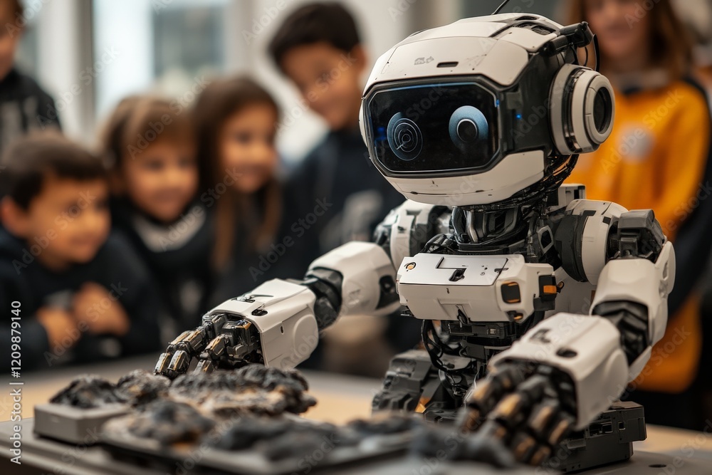 Aufkleber Robot engaging with children while demonstrating robotic skills in a classroom setting