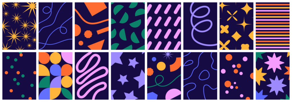 Set of seamless patterns with abstract geometric shapes and festive elements. Vector Illustration.