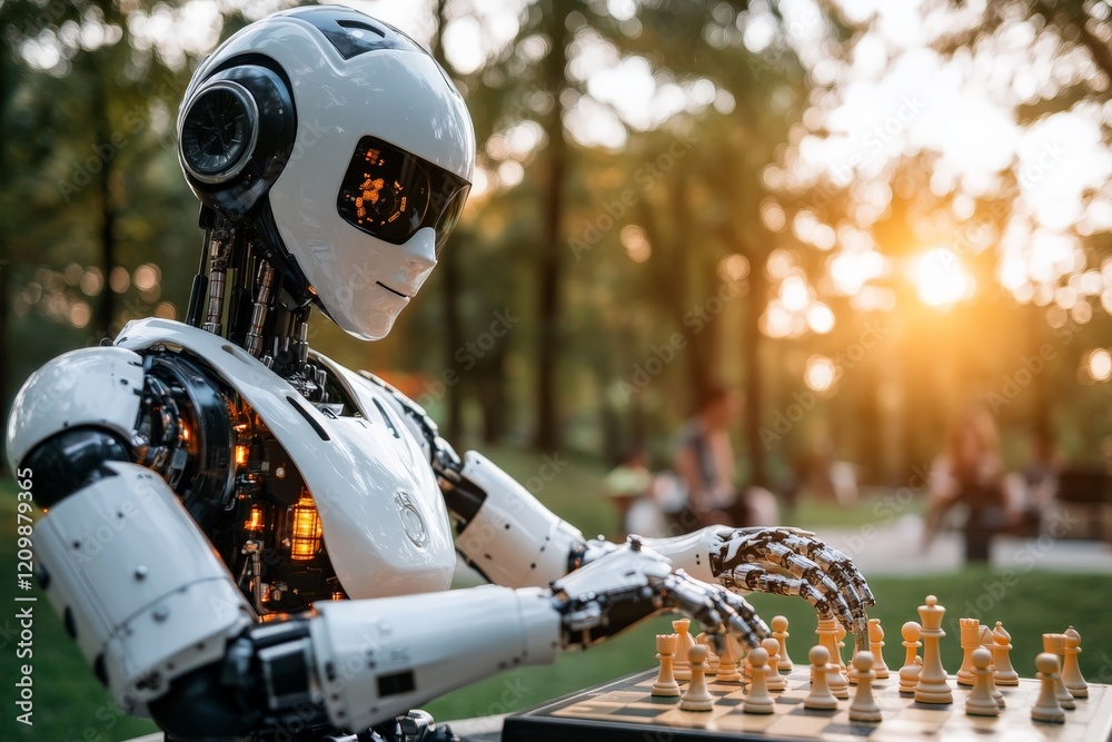 Poster robot plays chess in a park during sunset with people enjoying the evening