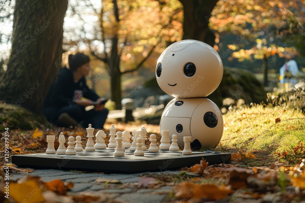 Aufkleber Robot engages in chess match with a human player in a tranquil autumn park setting