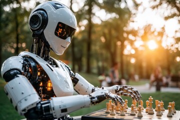 Robot plays chess in a park during sunset with people enjoying the evening
