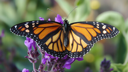 Obraz premium A butterfly resting on a purple bloom, its vibrant wing patterns and delicate antennae sharply visible