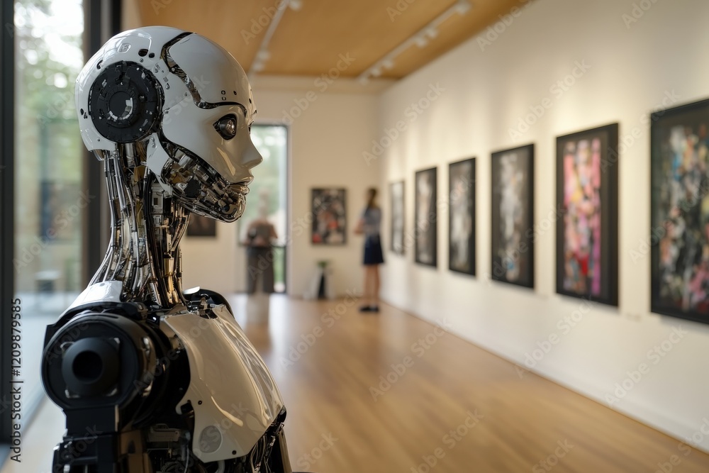 Poster robotic figure observes modern art in a contemporary gallery setting