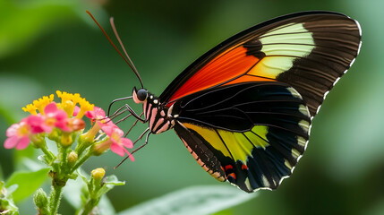 Obraz premium A butterfly sipping nectar from a flower, with its vibrant wings and delicate antennae in sharp focus