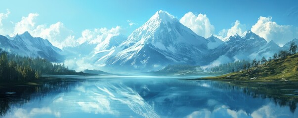 Fototapeta premium A serene mountain lake reflecting the snow-capped peaks that surround it, its waters crystal clear and inviting.