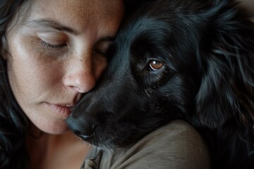 Woman cuddling her black dog showing affection and sharing a moment of tenderness