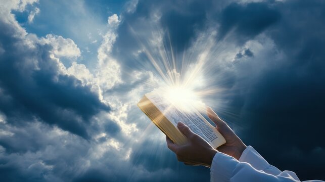 Radiant book against cloudy sky, a faith expression