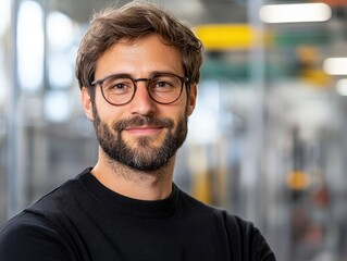 Obraz premium Confident and Cheerful Young Man with Glasses Smiling in Modern Urban Gym Environment