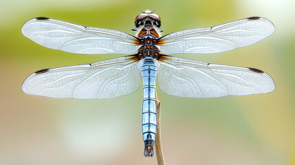 A dragonfly perched on a dry reed in a meadow, its transparent wings and segmented body clearly focused