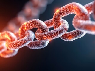 Abstract close-up of a glowing metallic chain link with intricate details against a dark background for artistic design