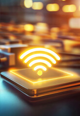 Close-up of glowing wi-fi symbol on modern digital device, surrounded by connected network cables and routers, representing internet service connectivity and modern technology integration.