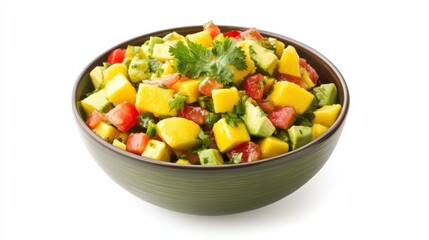 A colorful mango avocado salsa served in a festive bowl, Each diced mango and avocado piece vibrant and flavorful, Set against an isolated white background to showcase its tropical freshness 