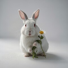 A white rabbit holding a tiny flower, set against a simple white backdrop.