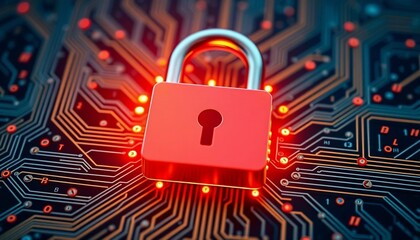 Red Padlock on Illuminated Circuit Board Cyber Security Data Protection Network Safety