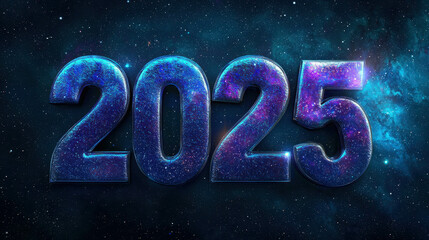 Vibrant Floating Numbers 2025 in Outer Space with Colorful Cosmic Background