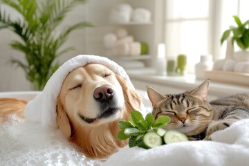Pampered dog and cat unwind in luxurious spa bath