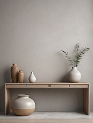minimalist composition of living room interior with copy space, Greige desk, stylish vase