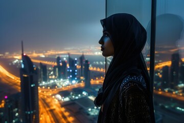 Fototapeta premium Arab businesswoman is looking at the illuminated skyline of doha, qatar, from a skyscraper window