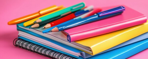 Fototapeta premium Back to school concept. Top view photo of school supplies colorful copybooks and pens on isolated pink background with copyspace