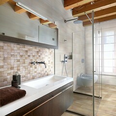 Luxury studio apartment bathroom interior with wooden flooring, white bathtub and ceramic sink and mirror above, white wall and window to city view, wooden furniture. 3D Rendering