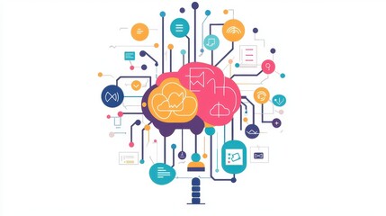 a creative mind map chart clipart, brainstorming process element, colorful connected nodes, flat design, isolated on white background
