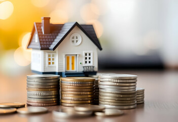 Small white house model, stacks of coins, warm sunlight, real estate investment concept, financial planning, property market, savings, home ownership, miniature, close-up photography, soft focus 
