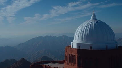 Obraz premium White dome atop red building overlooking hazy mountains.