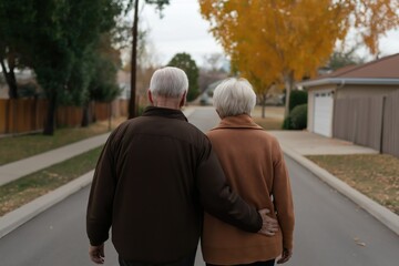 A man and woman are walking down a street, both wearing brown jackets. The man is holding the woman's arm