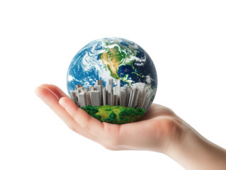 a hand holding a small globe that features a detailed view of earth with a cityscape emerging from the bottom. symbolizing the relationship between nature and urban development it emphasizes environme