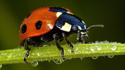 A ladybug climbing on a damp blade of grass, its shiny shell and black spots highlighted under bright lighting