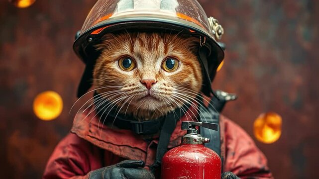 Firefighter Cat: A ginger cat, adorned in a miniature firefighter uniform, including a helmet and a fire extinguisher, stares intently with a serious expression.
