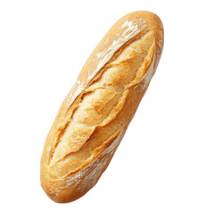 freshly baked baguette. showcasing its golden-brown crust and distinctive elongated shape the baguette is dusted with flour. highlighting its artisanal quality it serves as a staple in many cuisines.
