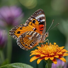 Vibrant Butterfly on Blooming Zinnia Flower Close-Up in a Summer Garden