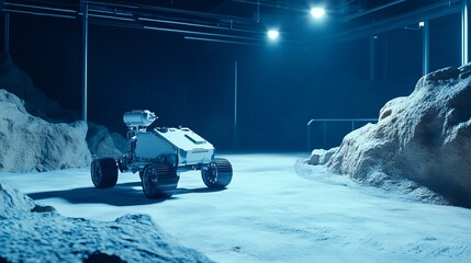 A robotic rover navigating a simulated alien terrain in a research facility, clean and futuristic environment with a focus on exploration technology, Exploration style