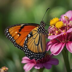 Monarch Butterfly on Pink Flower in Vibrant Garden Close Up