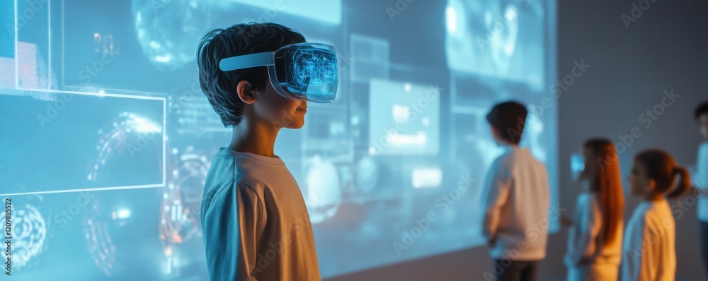 Aufkleber a futuristic classroom where students learn using interactive holograms and virtual reality simulati