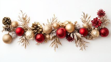 Christmas garland with red and gold ornaments, snow-covered, high detail, warm and festive atmosphere, elegant and vibrant holiday decoration