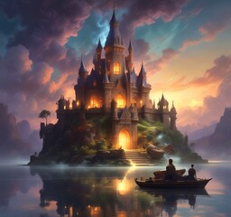 Naklejka premium Illustration of glowing mystery tower castle in night.