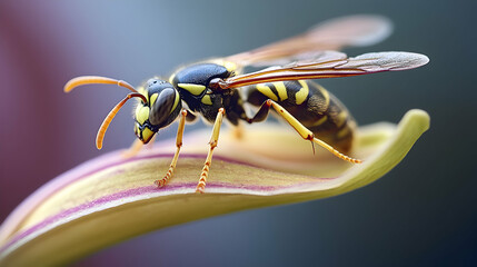 A wasp crawling on a flower petal, its slender body and sharp wings in sharp focus