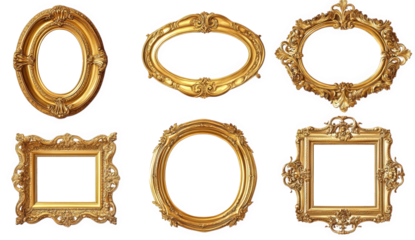 collection of ornate golden picture frames in various shapes and sizes. showcasing intricate designs and embellishments these frames are typically used to display artwork. photographs. or mirrors. add